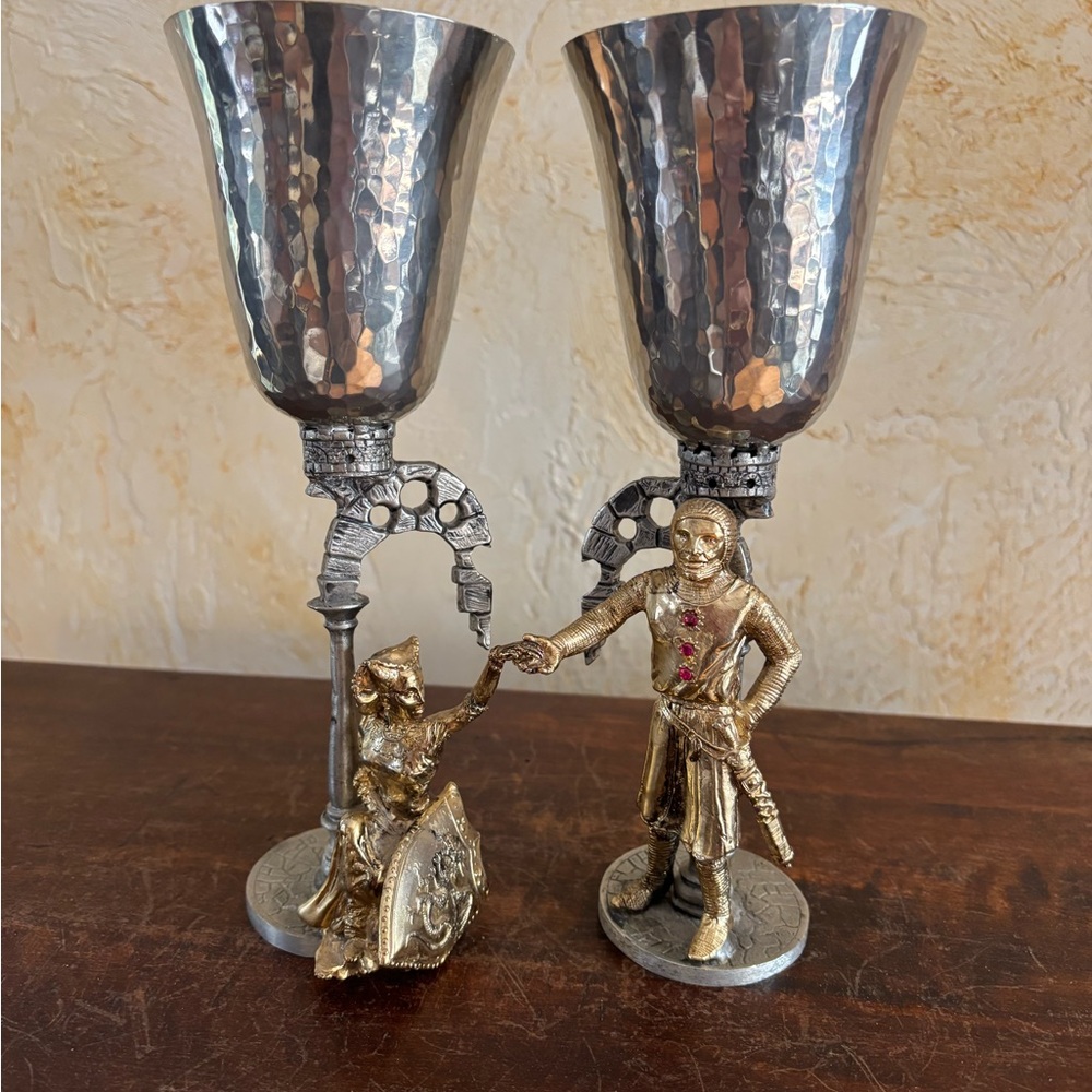 Vintage Pewter and Gold Sir Lancelot & Guinevere Goblet Set from the 90’s